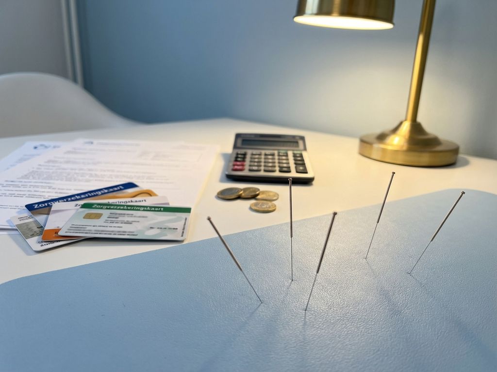 acupunctuur-zorgverzekering-kosten-behandeling.jpg Acupunctuurnaalden in behandeloppervlak met Nederlandse zorgverzekeringspasjes en medische documenten op achtergrond