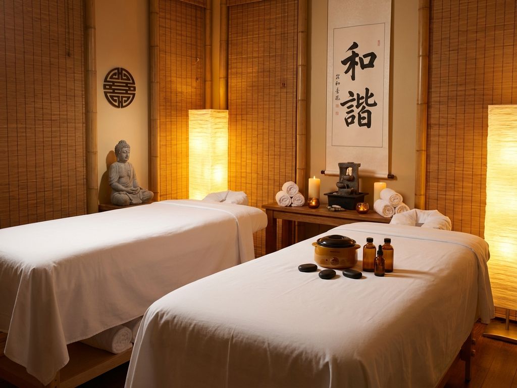 chinese-duo-massage-spa-kamer-bamboe.jpg Spa-ruimte met twee parallelle massagetafels met witte linnen, warme verlichting en Chinese wellness-elementen