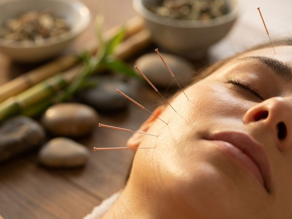 cosmetic-acupunctuur-needles-golden-skin-treatment.jpg Acupunctuurnaalde op huid tijdens cosmetische acupunctuurbehandeling met bamboe en zen stenen op achtergrond
