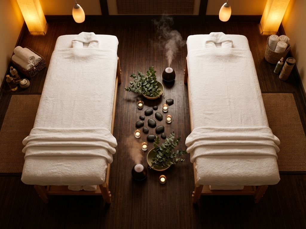 Luxe spa-kamer met twee parallelle massagetafels, witte linnen, kaarsen en eucalyptus in warme verlichting
