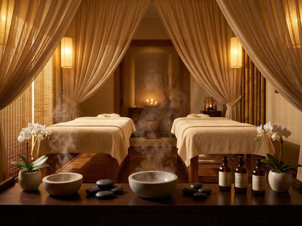 couples-spa-massage-tables-wellness-ervaring.jpg Twee massagetafels met witte linnen in serene spa-ruimte met bamboe accenten en warme verlichting