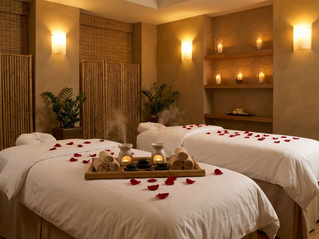 couples-spa-massage-kamer-wellness-romantiek.jpg Luxe spa-kamer met twee massagetafels, witte linnen, rozenblaadjes, kaarsen en bamboe decoratie voor wellness