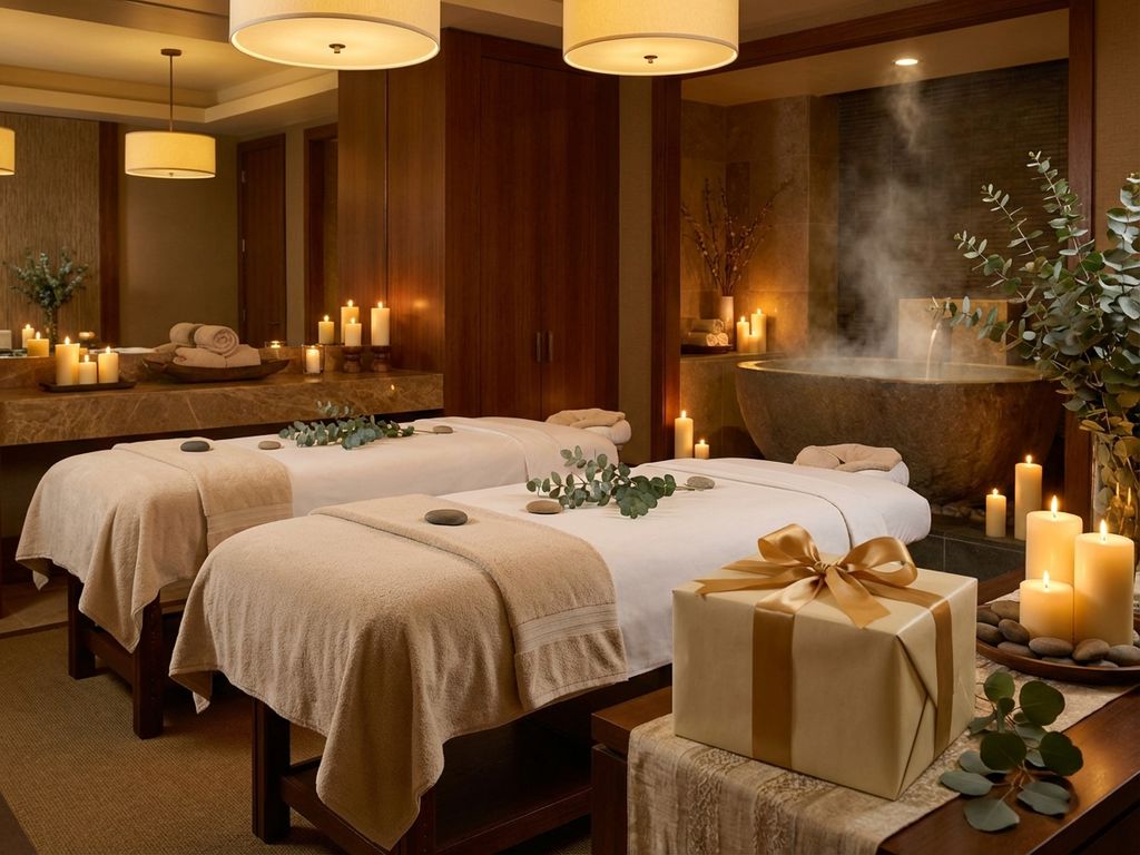 couples-spa-massage-tables-romantic-wellness.jpg Luxe spa met twee massagetafels, kaarsen, eucalyptus en cadeaubox voor koppels wellness behandeling