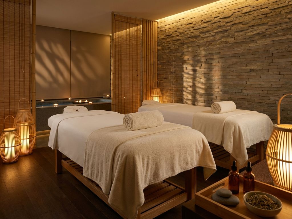 Twee parallelle massagetafels met witte linnen in serene spa-behandelkamer met warme verlichting en natuursteen