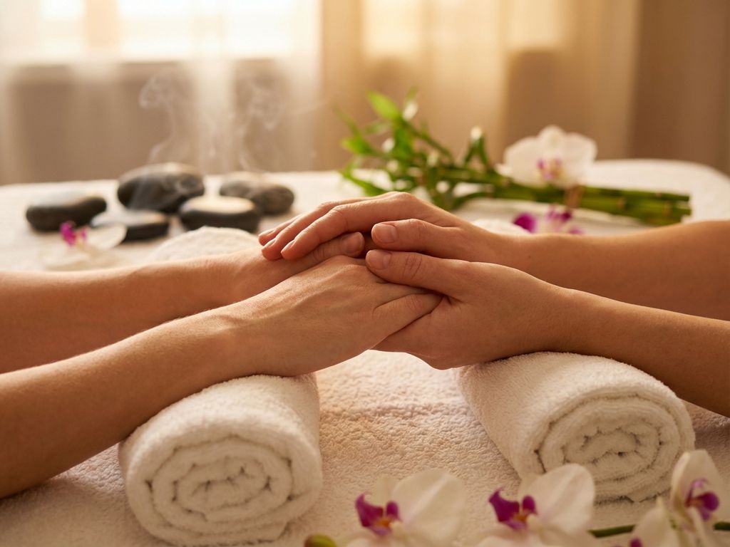 couples-massage-hands-spa-wellness-relax.jpg Twee paren handen gevouwen op witte handdoeken in spa-omgeving met massagestenen en orchideeën