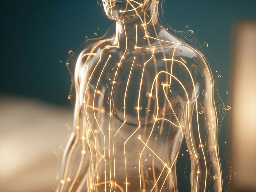 Doorschijnend menselijk torso met gloeiende gouden energiebanen die traditionele Chinese meridianen tonen
