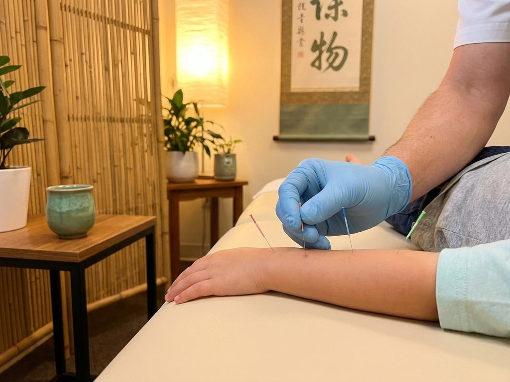 pediatrische-acupunctuur-behandeling-kind-veilig.jpg Kind ontvangt veilige acupunctuurbehandeling met dunne naalden op arm in serene kliniek met bamboe-elementen