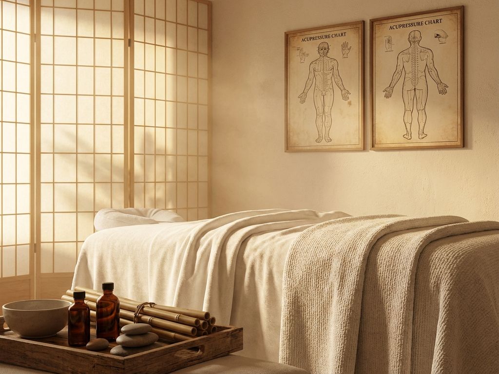 spa-behandelkamer-massage-tcm-wellness.jpg Spa behandelkamer met massagetafel in witte linnen, bamboe, stenen en essentiële oliën voor Chinese geneeskunde