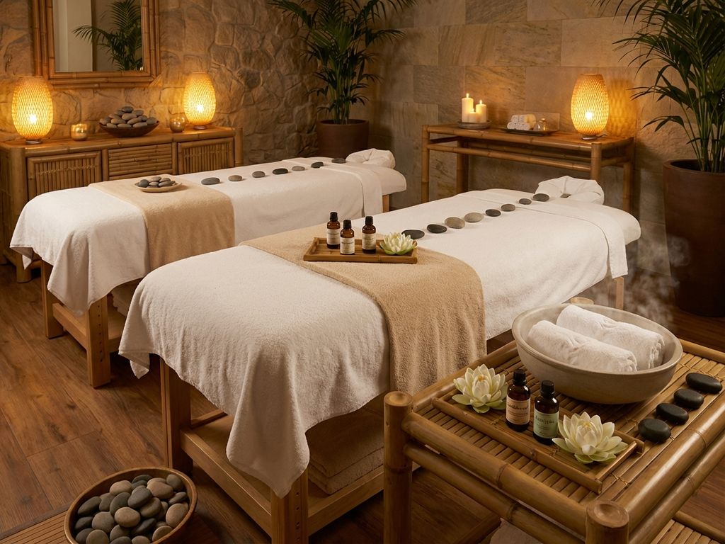 couples-spa-massage-kamer-wellness-behandeling.jpg Twee massage tafels met witte linnen in serene spa behandelkamer met bamboe elementen en warme sfeerverlichting