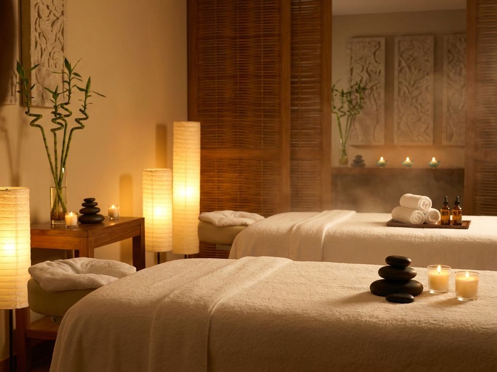 couples-massage-spa-wellness-ontspanning.jpg Twee massagetafels met witte lakens in serene spa-omgeving met kaarslicht, bamboe en essentiële oliën voor koppelswellness