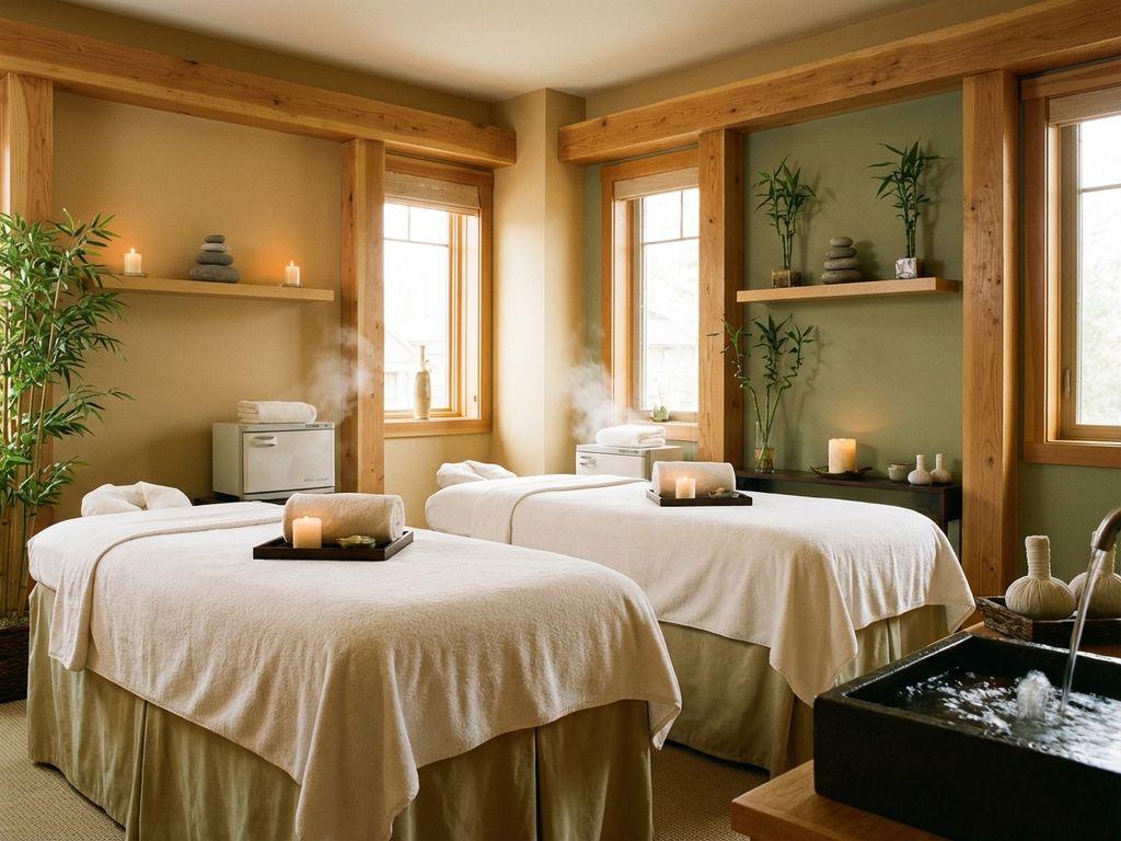 spa-massage-behandeling-ontspanning-wellness.jpg Twee massagetafels in serene spa behandelkamer met bamboe, kaarsen en warme goudkleurige verlichting