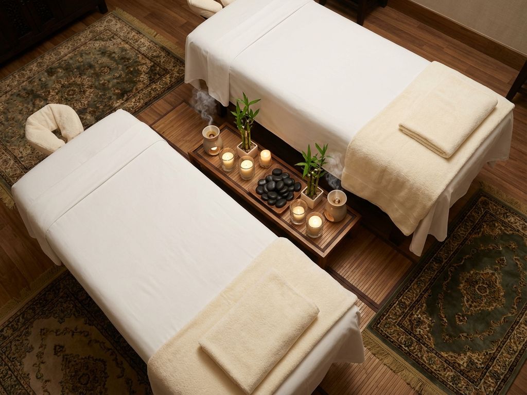 spa-massage-tafels-wellness-therapie-behandeling.jpg Twee massagetafels met witte linnen in elegante spa met bamboe, kaarslicht en aromatherapie diffusers