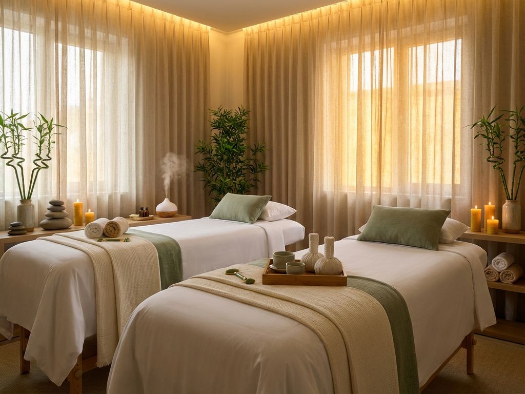 couples-spa-massage-room-wellness-sanctuary.jpg Twee massagetafels naast elkaar in sereen spa-interieur met witte linnen, bamboe planten en warme verlichting