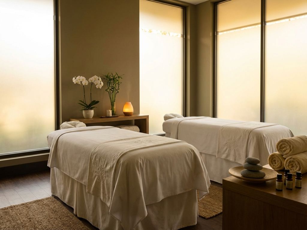 Twee massagetafels met witte linnen in serene spa-omgeving met orchideeën, bamboe en warme verlichting