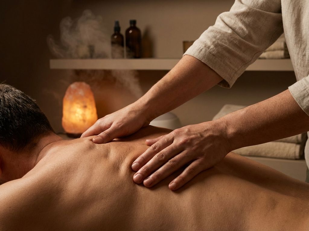 tuina-massage-schouder-ontspanning-spa.jpg Ontspannen schouders tijdens Tuina massage met traditionele Chinese drukpunttechnieken in warme spa-omgeving