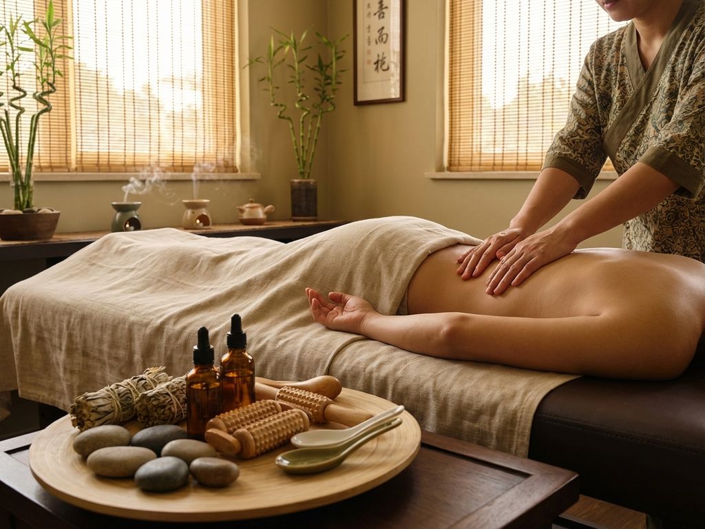 tuina-massage-spa-behandeling-therapie.jpg Hands die tuina massage uitvoeren op houten behandeltafel in serene spa met massagetools en aromatherapie diffusers