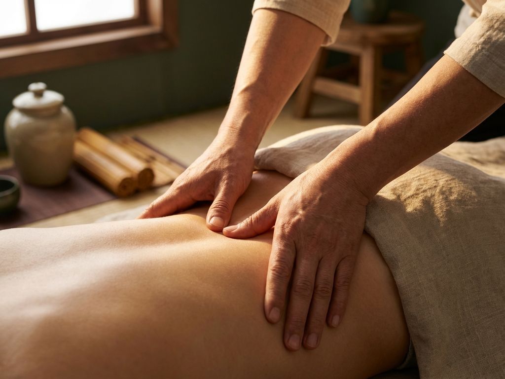 Ervaren handen voeren Tuina massage technieken uit op rug met therapeutische druk en bewegingen in warme, gouden belichting