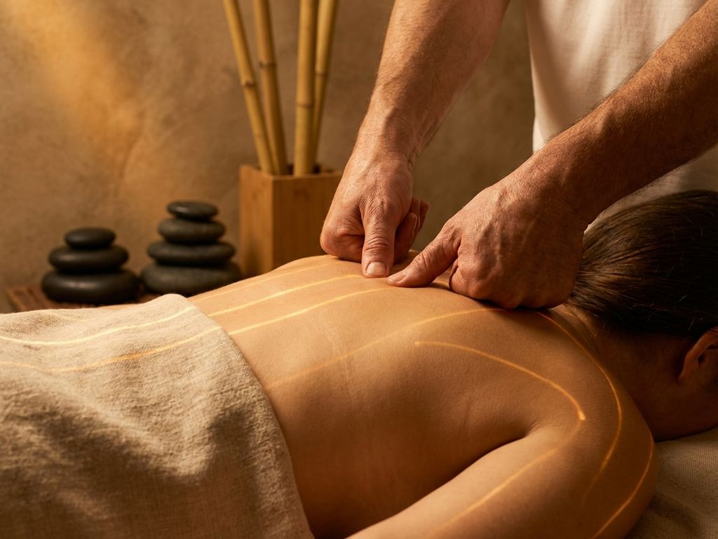 Ervaren handen voeren Tuina massage uit op rug met drukpunttechnieken in warme, rustgevende spa-omgeving