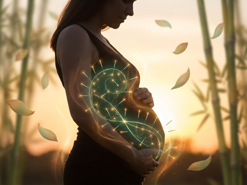 zwangerschap-acupunctuur-veilige-behandeling.jpg Zwangere vrouw in profiel met handen op buik, acupunctuurbehandeling met gouden en groene tinten, lotus en bamboe